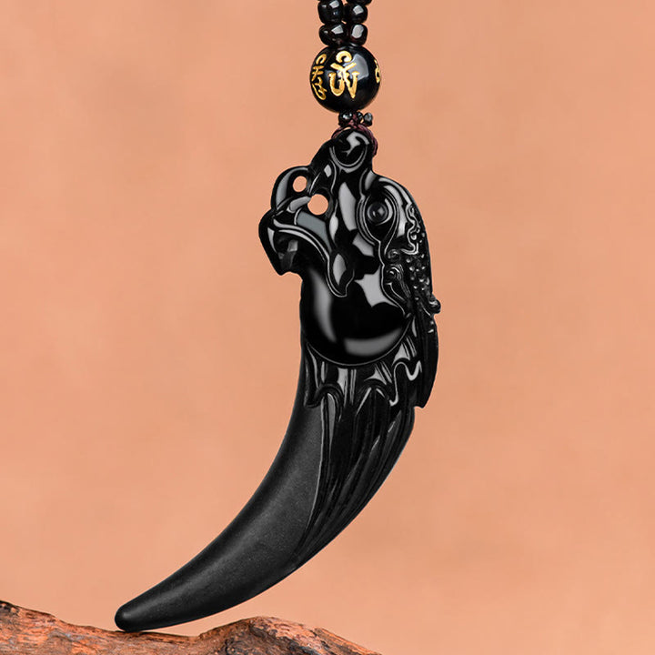 Buddha Stones Natural Black Jade Chinese Zodiac Dragon Tooth Pattern Protection Necklace Pendant - image 4