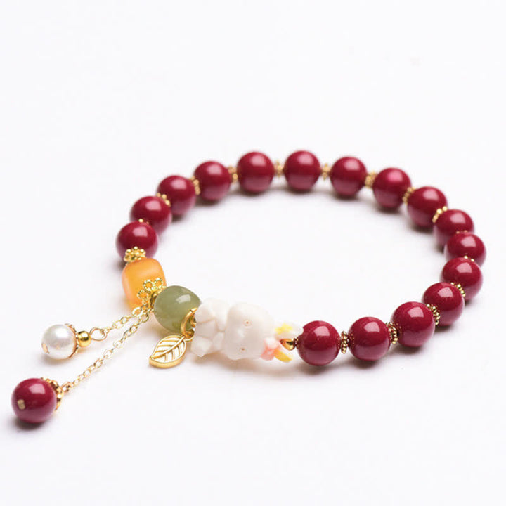 Buddha Stones Year of the Rabbit Cinnabar Hetian Jade Bunny Beaded Blessing Bracelet - 10mm - image 5
