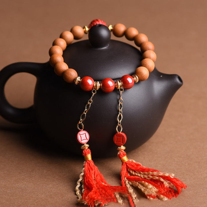 Buddha Stones Tibetan Natural Peach Wood Cinnabar PiXiu Wealth Tassels Bracelet - image 3