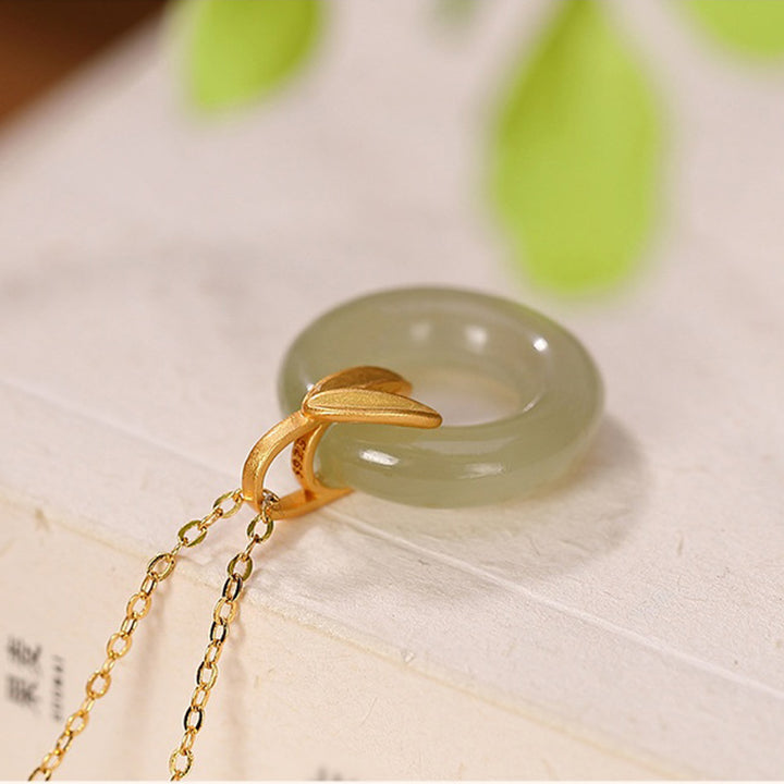 Buddha Stones 925 Sterling Silver Cyan Jade Peace Buckle Bamboo Leaf Harmony Necklace Pendant - image 6