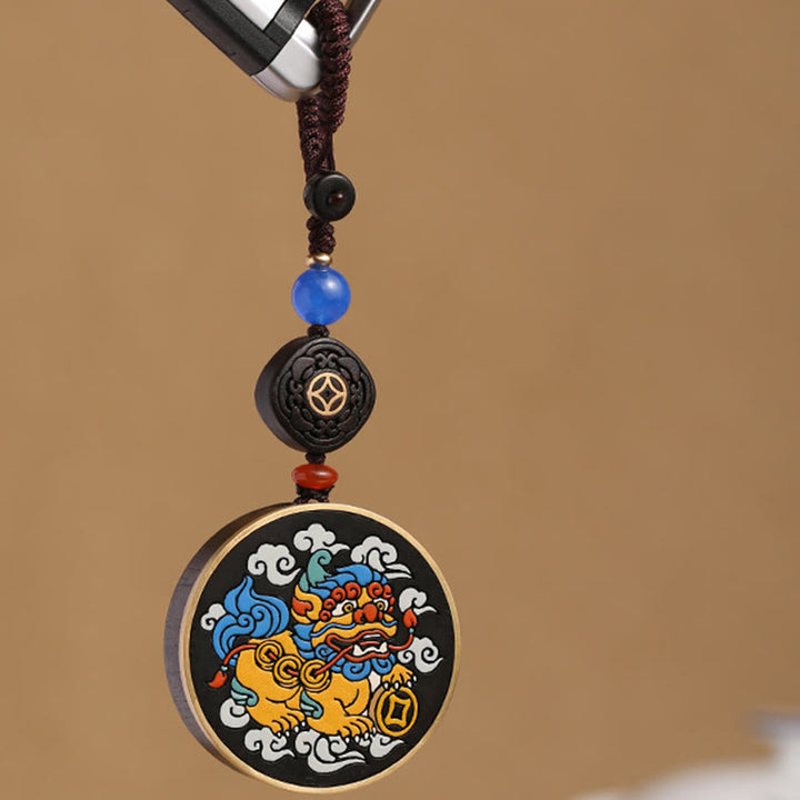 Buddha Stones PiXiu Copper Coin Ebony Wood Luck Attract Wealth Key Chain Decoration - image 9