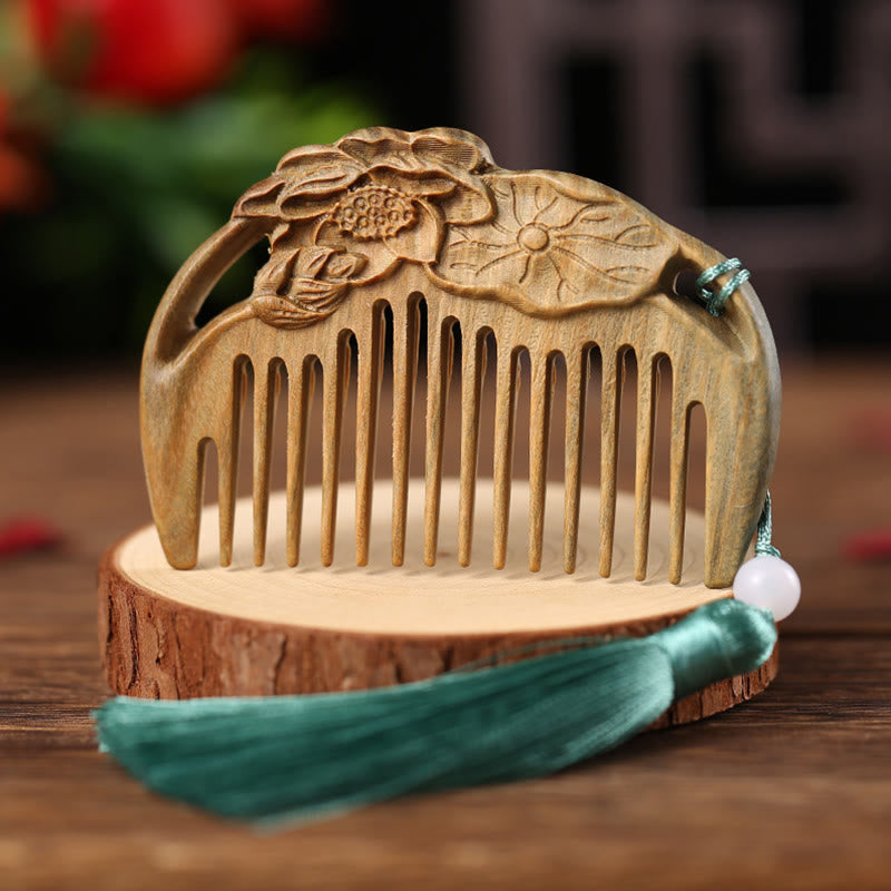 Green Sandalwood Fox Peony Flower Lotus Engraved Cure Tassel Comb - Lotus Leaf Lotus Pod Green Sandalwood - image 10