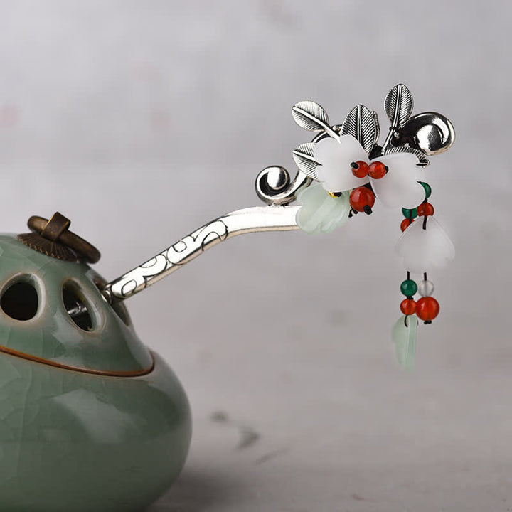 Red Agate Flower Leaf Calm Confidence Tassel Hairpin - Agate - image 0