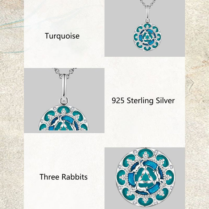 Buddha Stones 925 Sterling Silver Round Turquoise Three Rabbits Balance Necklace Pendant - image 8