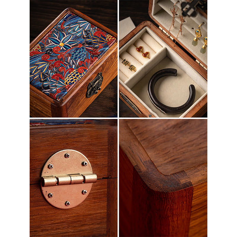 Retro Handmade Floral Pattern Rosewood Jewelry Storage Box Lockable Wooden Gift Organizer Box - image 4