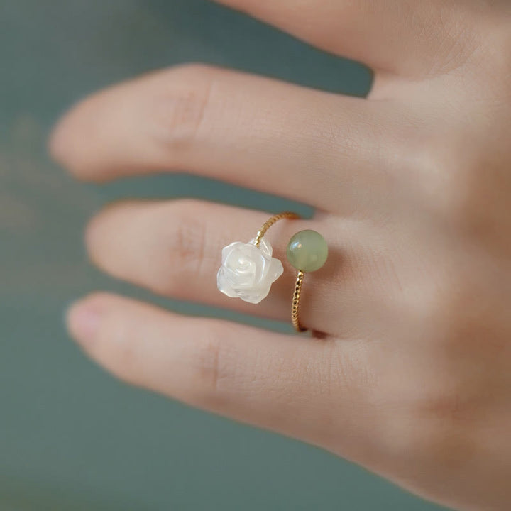 Buddha Stones 14K Gold Plated Tridacna Stone Rose Flower Jade Bead Blessing Ring - image 7