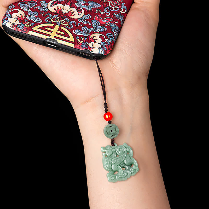 Buddha Stones Natural Jade Kirin Prosperity Phone Hanging Decoration - image 1