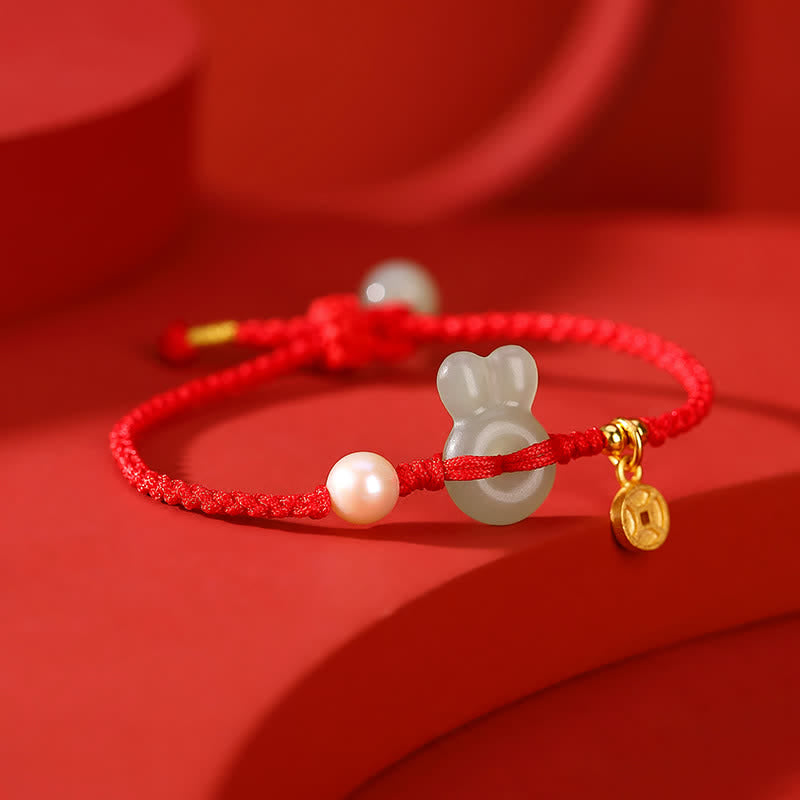 925 Sterling Silver Year of the Rabbit Hetian Jade Copper Coin Wealth Red String Bracelet - image 4