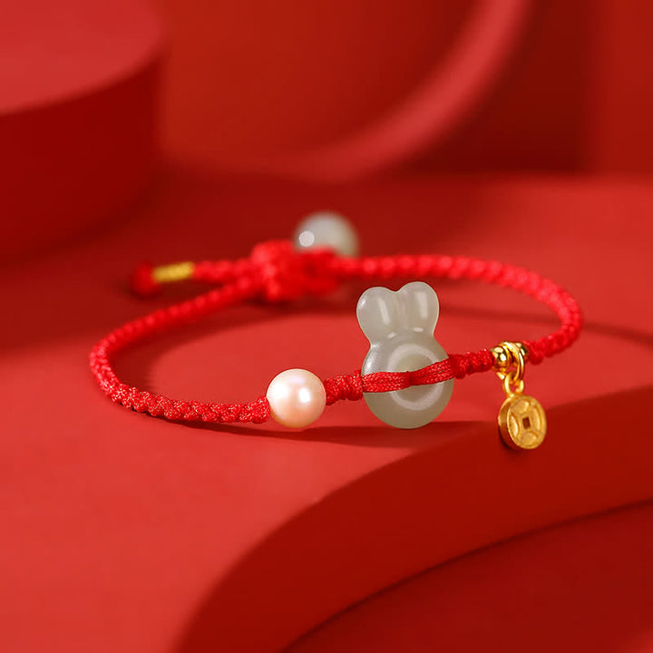 925 Sterling Silver Year of the Rabbit Hetian Jade Copper Coin Wealth Red String Bracelet - image 4