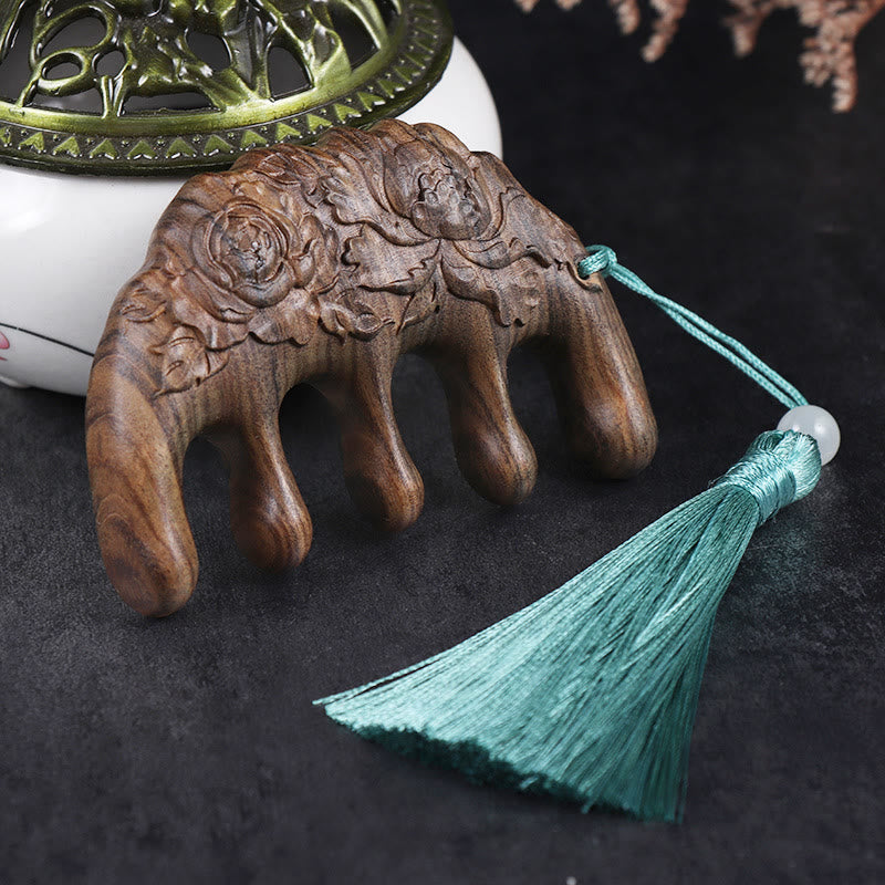 Green Sandalwood Plum Blossom Flowers Lotus Koi Fish Engraved Soothing Tassel Comb - Chacate Preto Wood Peony - image 1