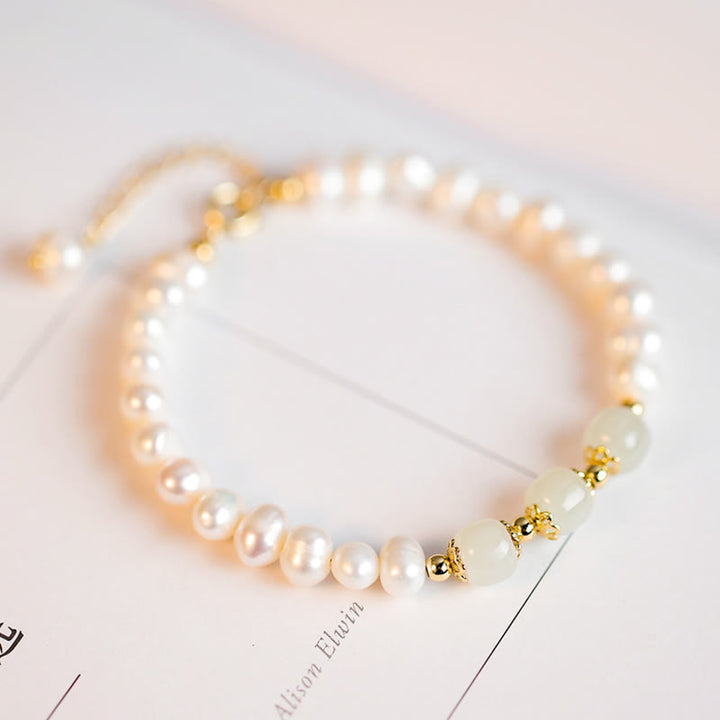 Buddha Stones 14K Gold Plated Natural Pearl Hetian Cyan Jade White Jade Sincerity Bead Chain Bracelet - image 21