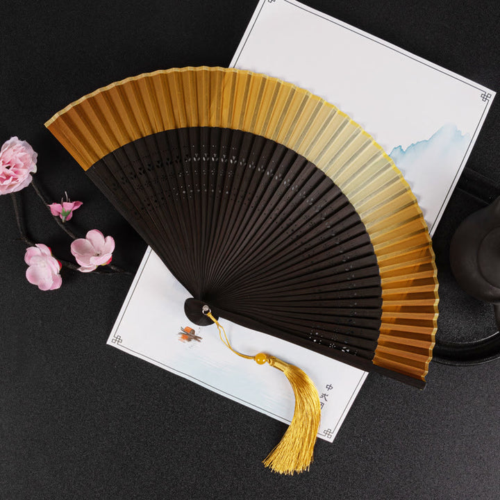 Buddha Stones Gradient Handheld Bamboo Folding Fan - Yellow Brown - image 10