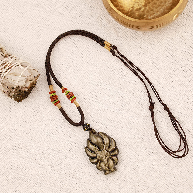 Buddha Stones Natural Rainbow Obsidian Gold Sheen Obsidian Nine Tailed Fox Positive Necklace Pendant - image 12