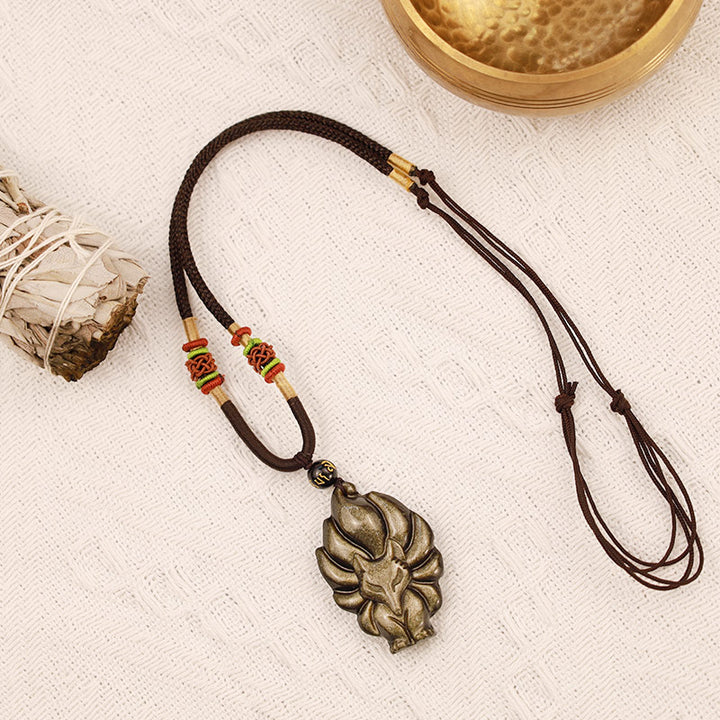 Buddha Stones Natural Rainbow Obsidian Gold Sheen Obsidian Nine Tailed Fox Positive Necklace Pendant - image 12