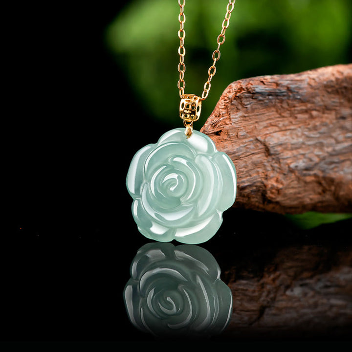 Buddha Stones 18K Gold 925 Sterling Silver Natural Jade Rose Luck Necklace Pendant - image 4
