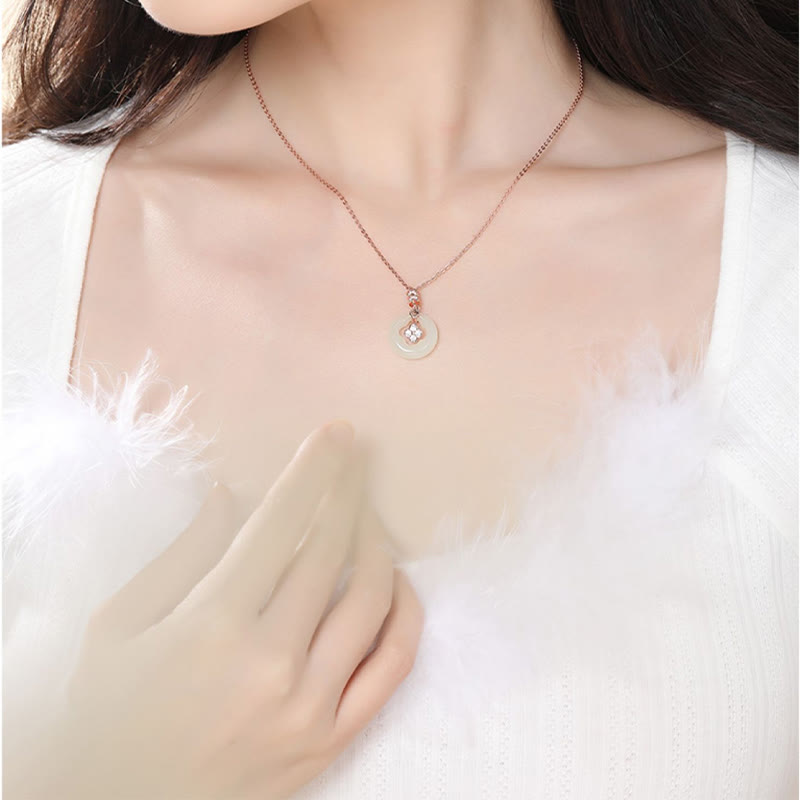 Buddha Stones 925 Sterling Silver Natural Hetian Jade Lucky Four Leaf Clover Zircon Necklace Pendant With Gift Box - image 7