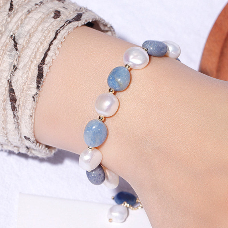 Buddha Stones Natural Blue Aventurine Crystal Pearl Bead Healing Bracelet - image 3