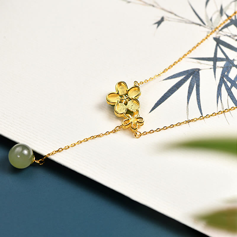 Buddha Stones 925 Sterling Silver Hetian Cyan Jade Plum Flower Blossom Design Luck Necklace Pendant - image 5