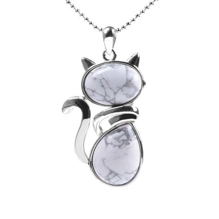 Buddha Stones Cat Pattern Natural Crystal Protection Necklace Pendant - White Turquoise - image 9