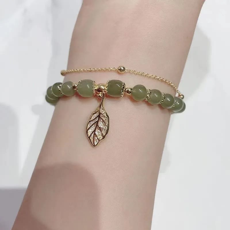 Buddha Stones Jade Leaf Ginkgo Tulip Peanut Fu Character Luck Beaded Bracelet - image 6