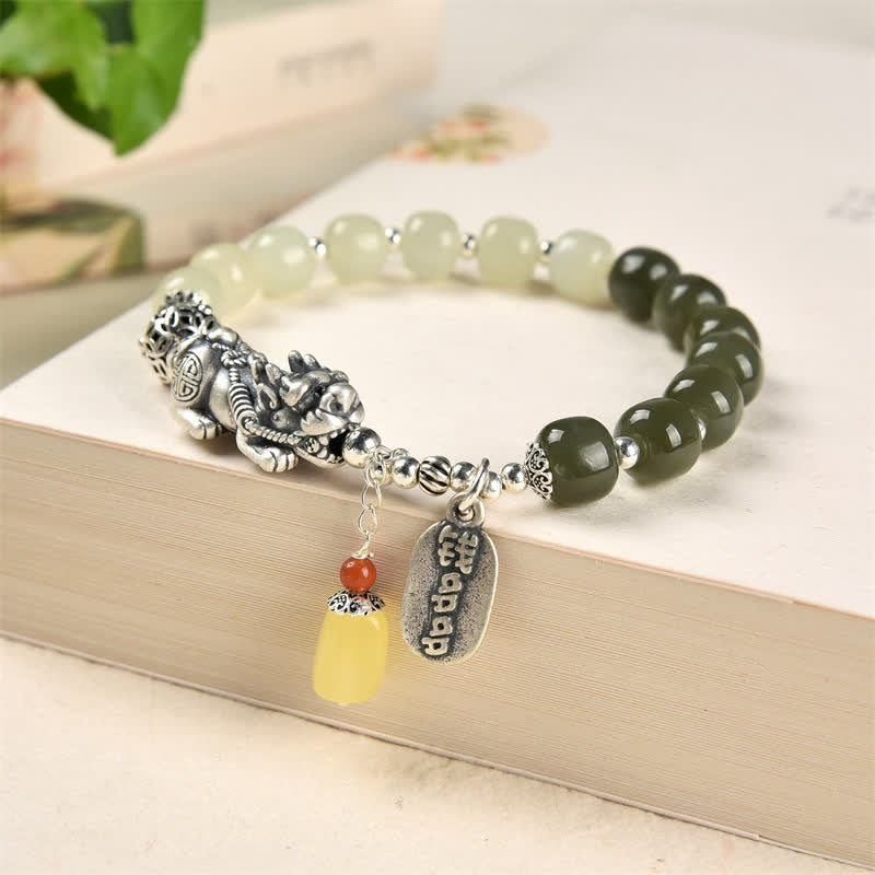 Buddha Stones 925 Sterling Silver Natural Hetian Jade Amber PiXiu Luck Bracelet - image 7