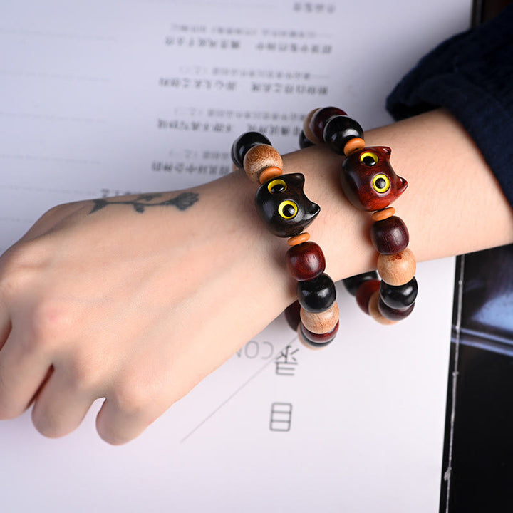 Buddha Stones Small Leaf Red Sandalwood Ebony Wood Cute Cat Engraved Protection Bracelet - image 18