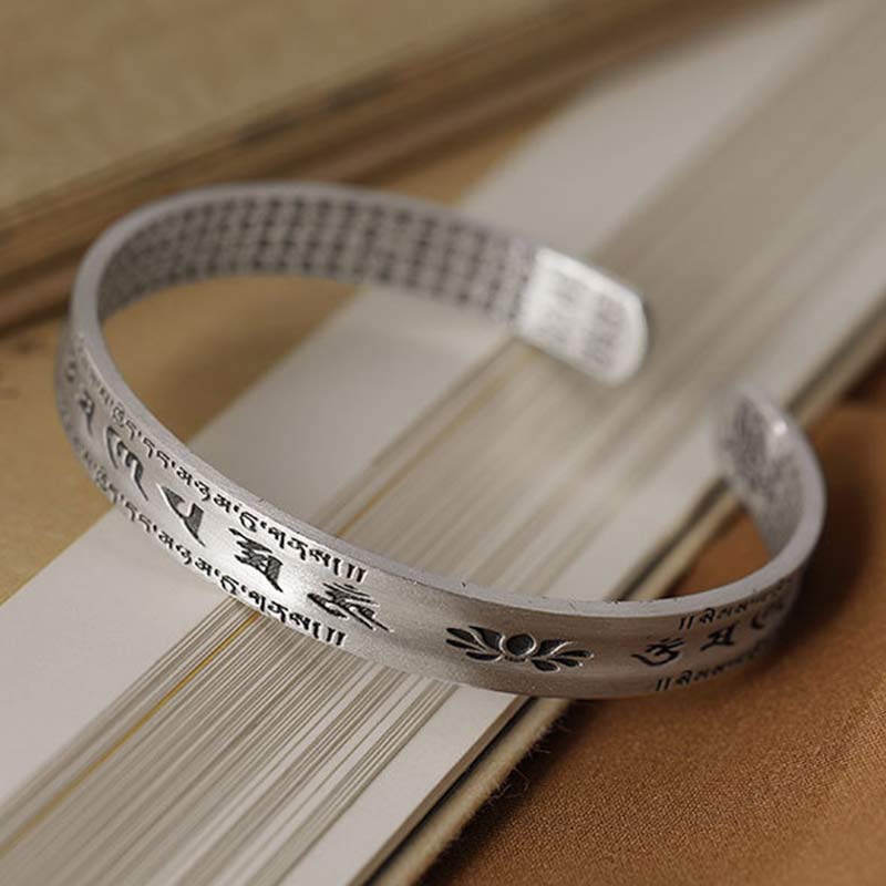 Buddha Stones 999 Sterling Silver Om Mani Padme Hum Lotus Wisdom Bracelet Bangle - Small - image 2