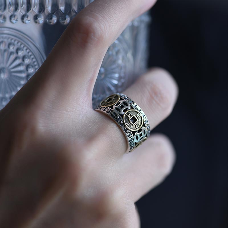 Buddha Stones Five-Emperor Coins Balance Adjustable Ring - image 5