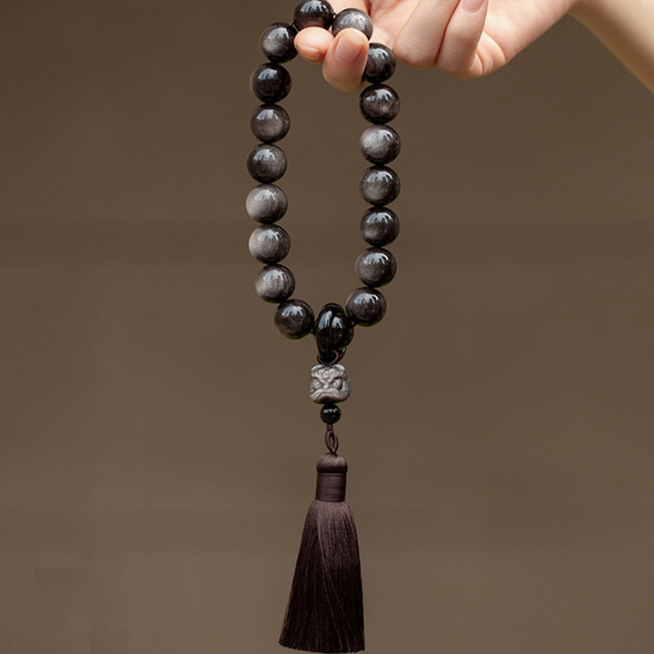 Buddha Stones Natural Silver Sheen Obsidian Black Obsidian Lion Wrist Mala Protection Tassels Pocket Mala Car Decoration - image 9
