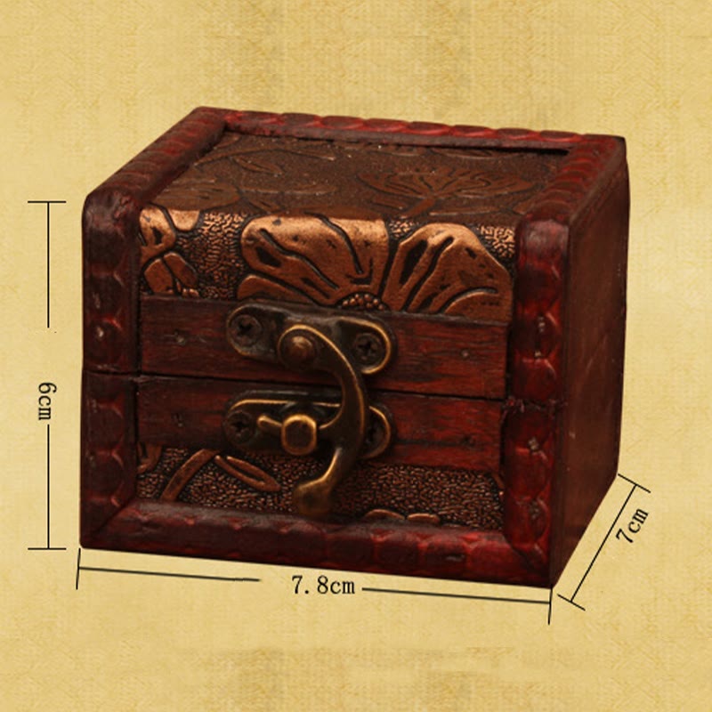 Buddha Stones Retro Small Square Wood Jewelry Box Lotus Grass Flower Grape Copper Coin Daffodil Jewelry Storage Box - image 6