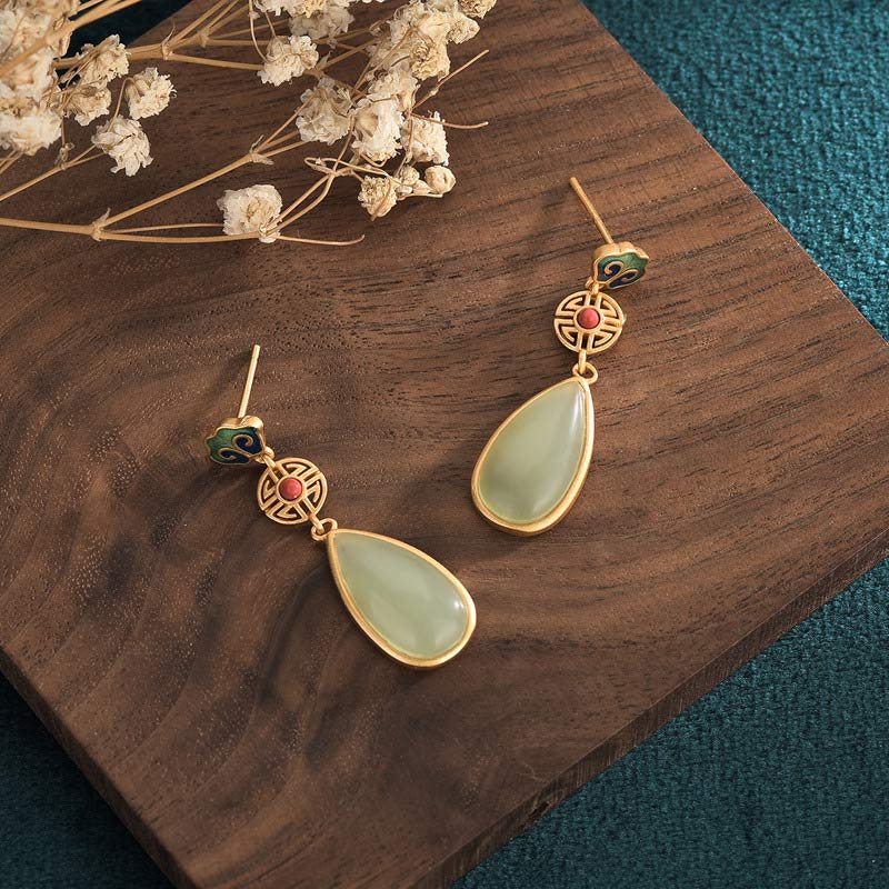 Buddha Stones FengShui Jade Double Happiness Fortune Earrings - image 2