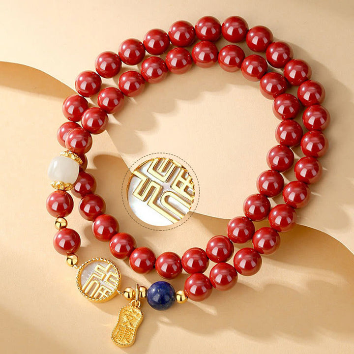 Buddha Stones 925 Sterling Silver Cinnabar Tridacna Stone Fu Character Double Wrap Blessing Bracelet - image 5