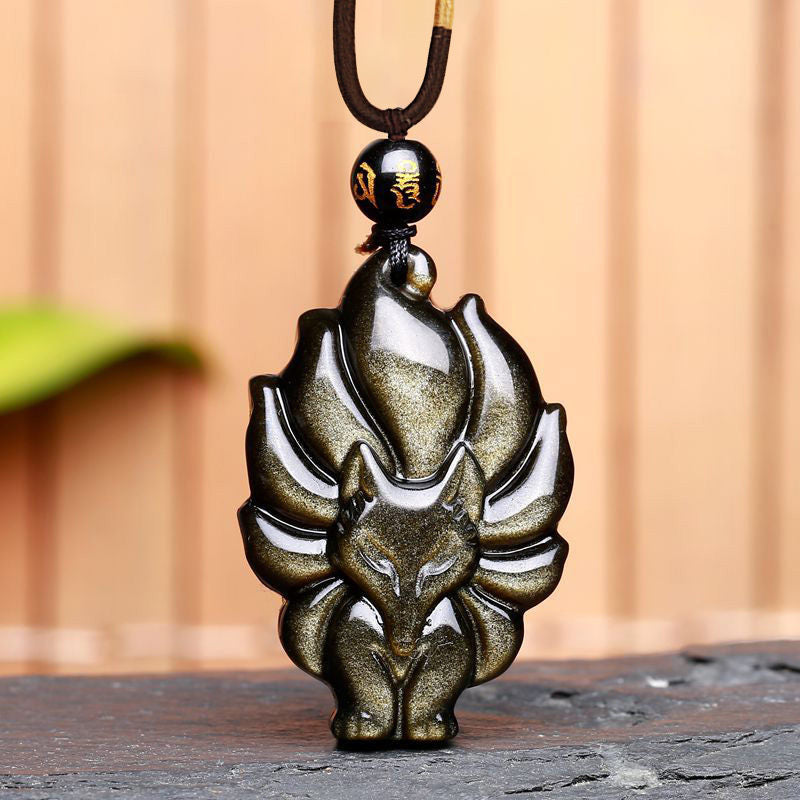 Buddha Stones Natural Rainbow Obsidian Gold Sheen Obsidian Nine Tailed Fox Positive Necklace Pendant - Gold Sheen Obsidian Nine Tailed Fox - image 8