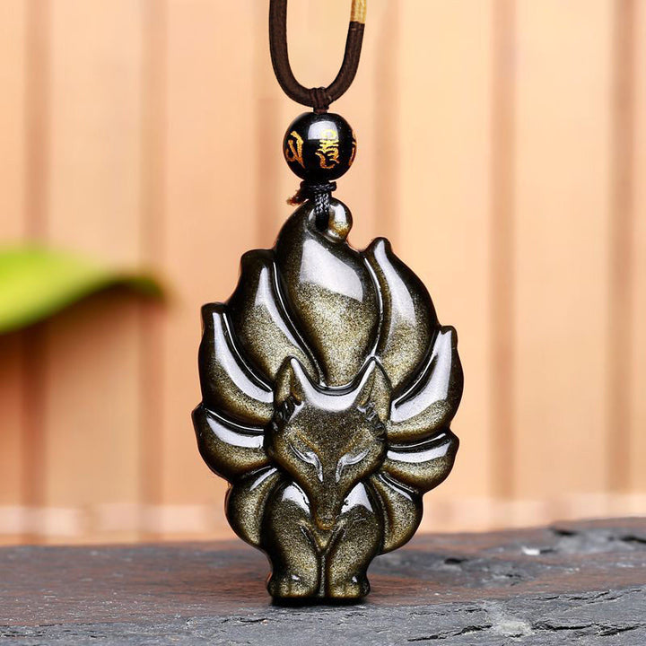 Buddha Stones Natural Rainbow Obsidian Gold Sheen Obsidian Nine Tailed Fox Positive Necklace Pendant - Gold Sheen Obsidian Nine Tailed Fox - image 8