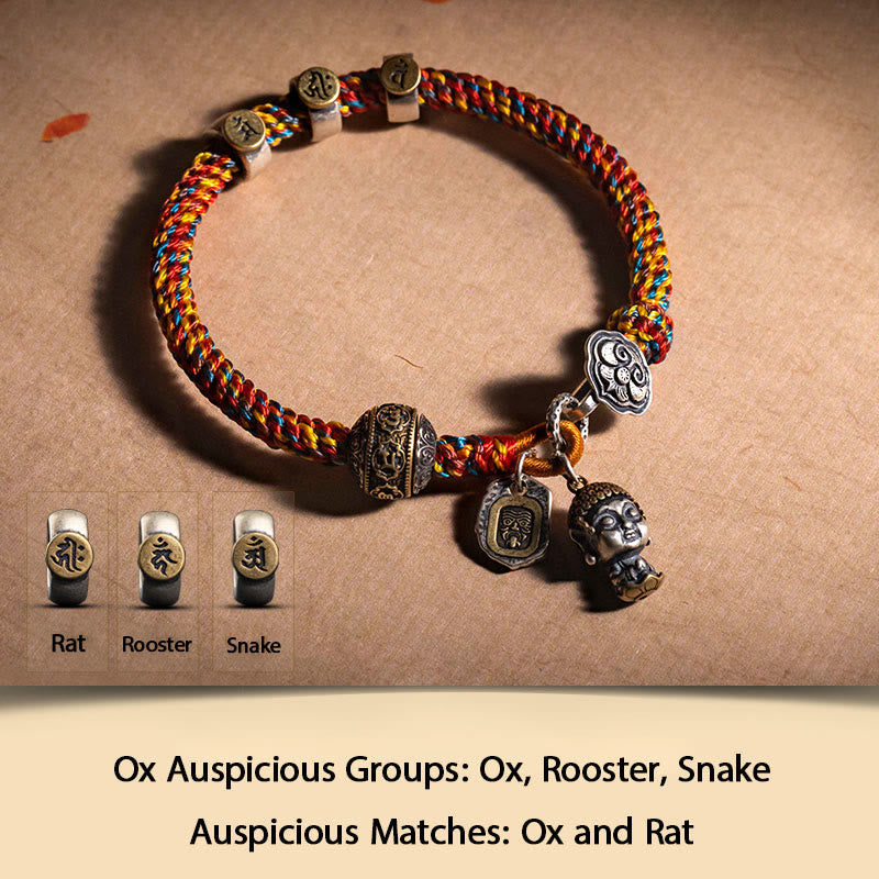 Buddha Stones Handmade Tibetan 925 Sterling Silver Chinese Zodiac Natal Buddha Zakiram Goddess of Wealth Protection Multicolored Rope Braided Bracelet - Ox-Void Bodhisattva - 17-19cm - image 7