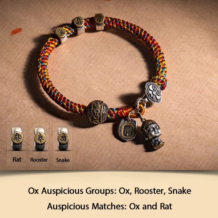 Buddha Stones Handmade Tibetan 925 Sterling Silver Chinese Zodiac Natal Buddha Zakiram Goddess of Wealth Protection Multicolored Rope Braided Bracelet - Ox-Void Bodhisattva - 17-19cm - image 7