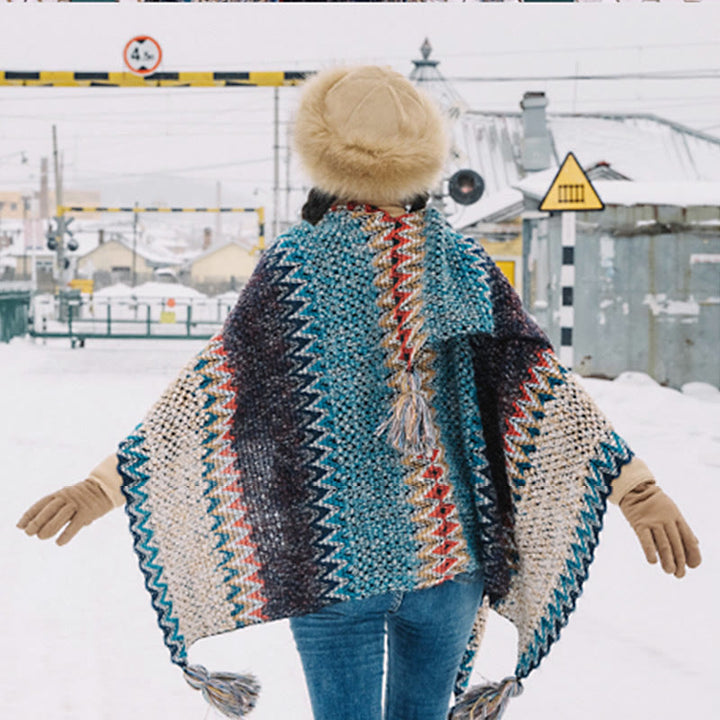 Buddha Stones Tibetan Shawl Blue Beige Red Wavy Pattern Winter Warm Tassel Scarf - image 6