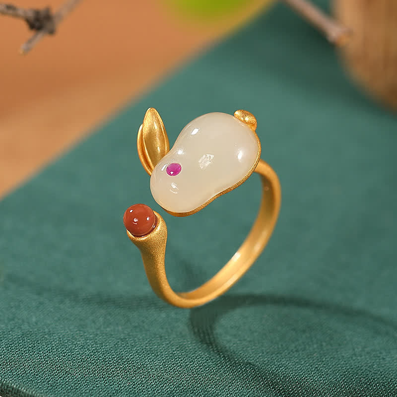 Buddha Stones 925 Sterling Silver Year of the Rabbit Hetian Jade Luck Ring Earrings Necklace Pendant - Ring - image 1