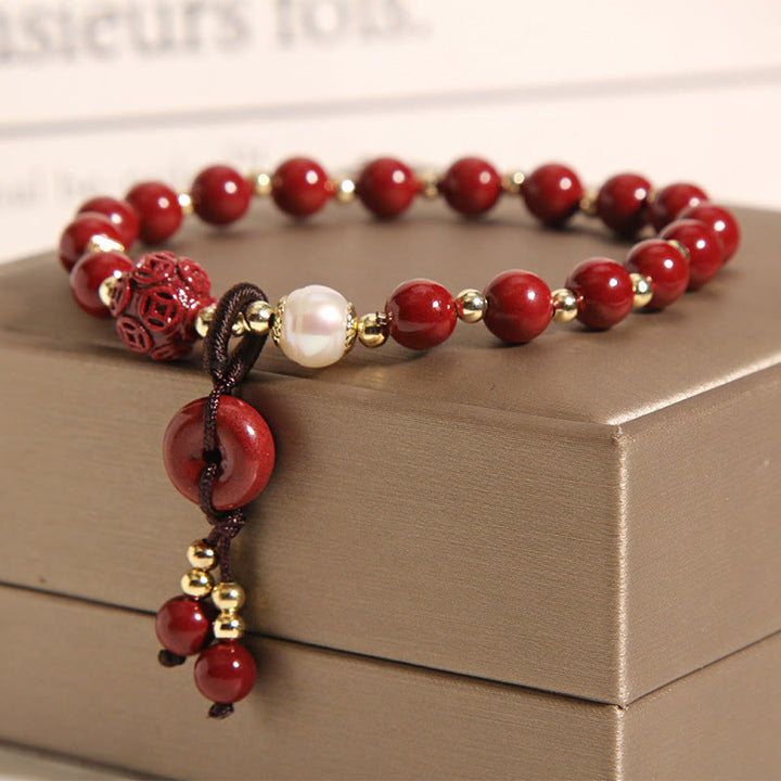 Buddha Stones Natural Cinnabar Peace Buckle Copper Coin Charm Blessing Bracelet - image 3