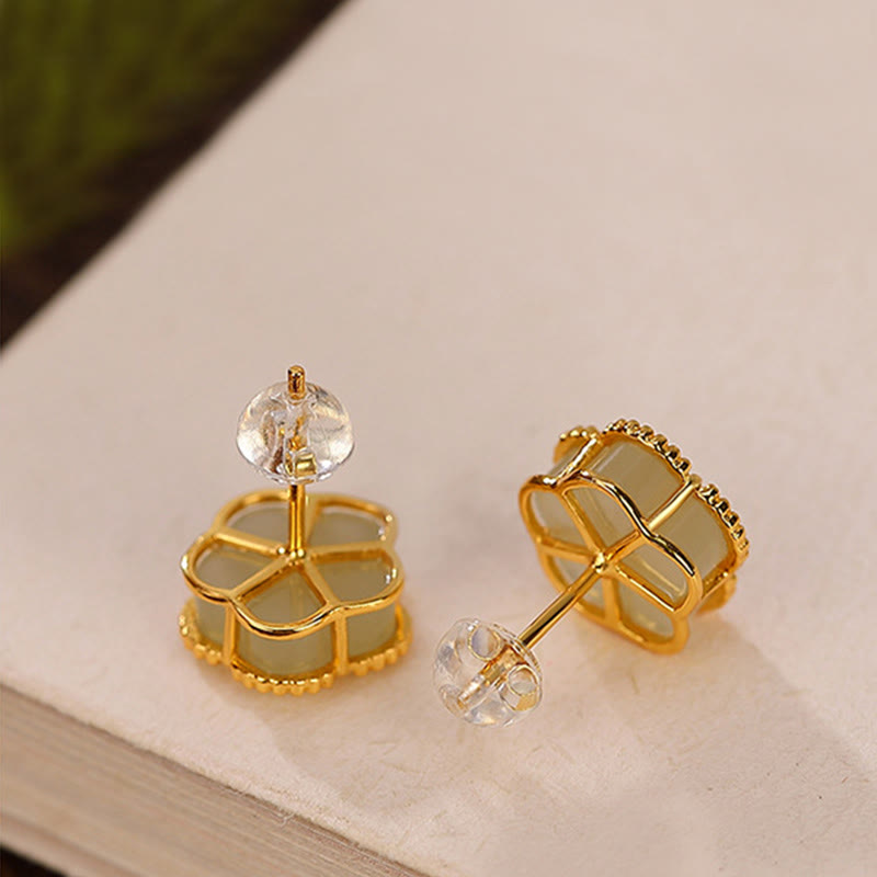 Buddha Stones 925 Sterling Silver Hetian Jade Plum Flower Luck Stud Earrings - image 7