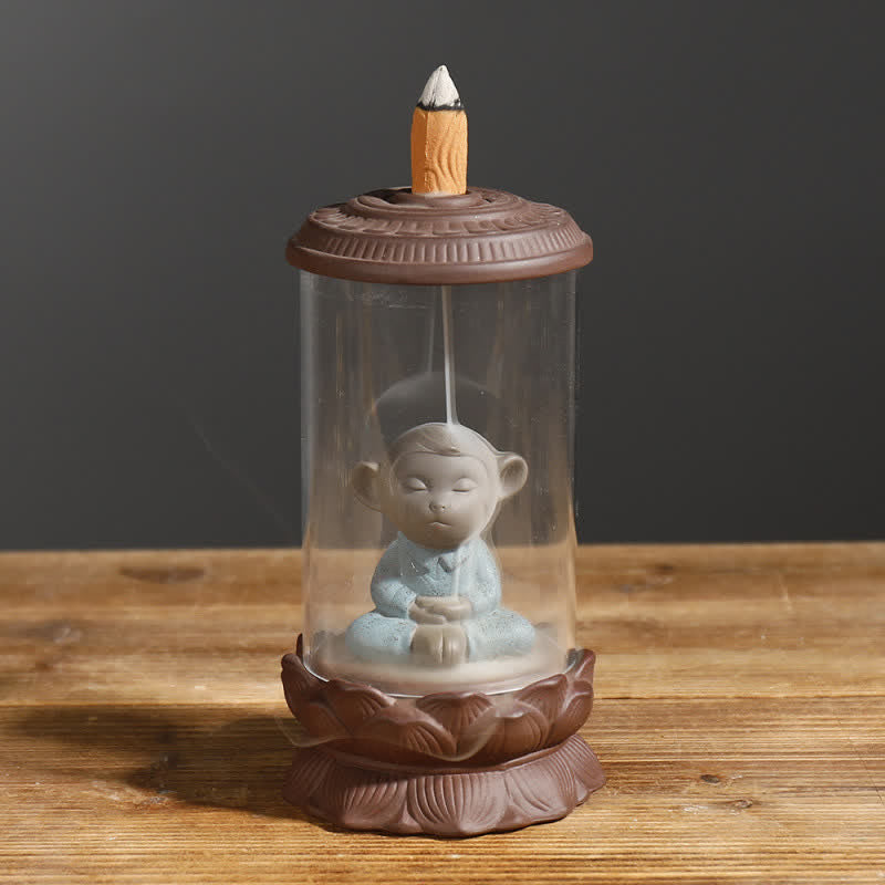 Meditation Wukong Monkey King Purple Clay Windshield Lotus Backflow Smoke Fountain Incense Burner Decoration - Meditation Wukong(Blue) - image 0