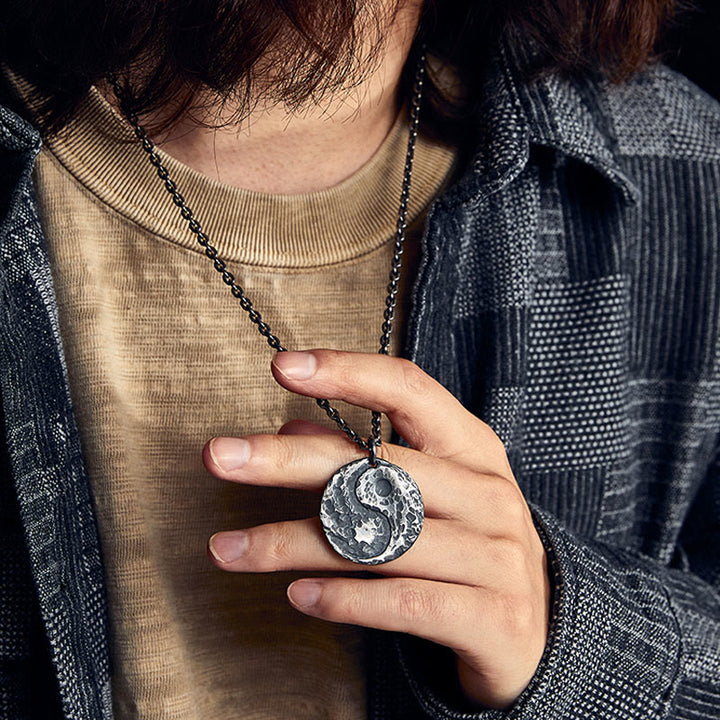 Buddha Stones 990 Sterling Silver Yin Yang Hammer Texture Harmony Necklace Pendant - image 4
