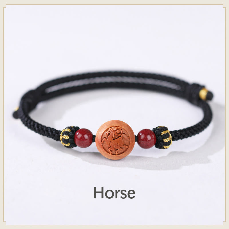 Buddha Stones Natural Peach Wood Chinese Zodiac Fu Character Carved Cinnabar Wealth Bracelet - Horse-Black(Wrist Circumference 14-22cm) - image 19