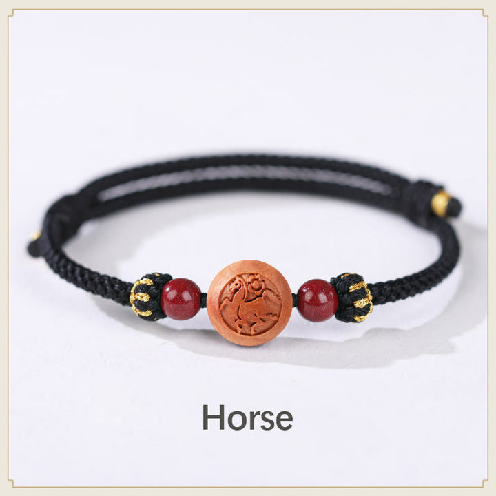 Buddha Stones Natural Peach Wood Chinese Zodiac Fu Character Carved Cinnabar Wealth Bracelet - Horse-Black(Wrist Circumference 14-22cm) - image 19