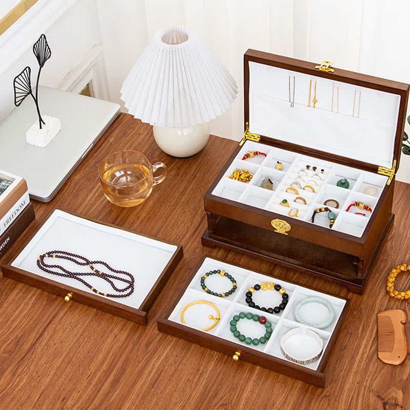 Buddha Stones Retro Wooden Jewelry Box Three-Layer Jewelry Storage Box - image 5