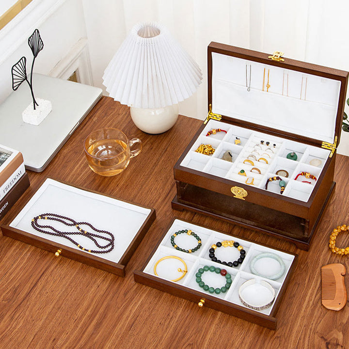 Buddha Stones Retro Wooden Jewelry Box Three-Layer Jewelry Storage Box - image 5
