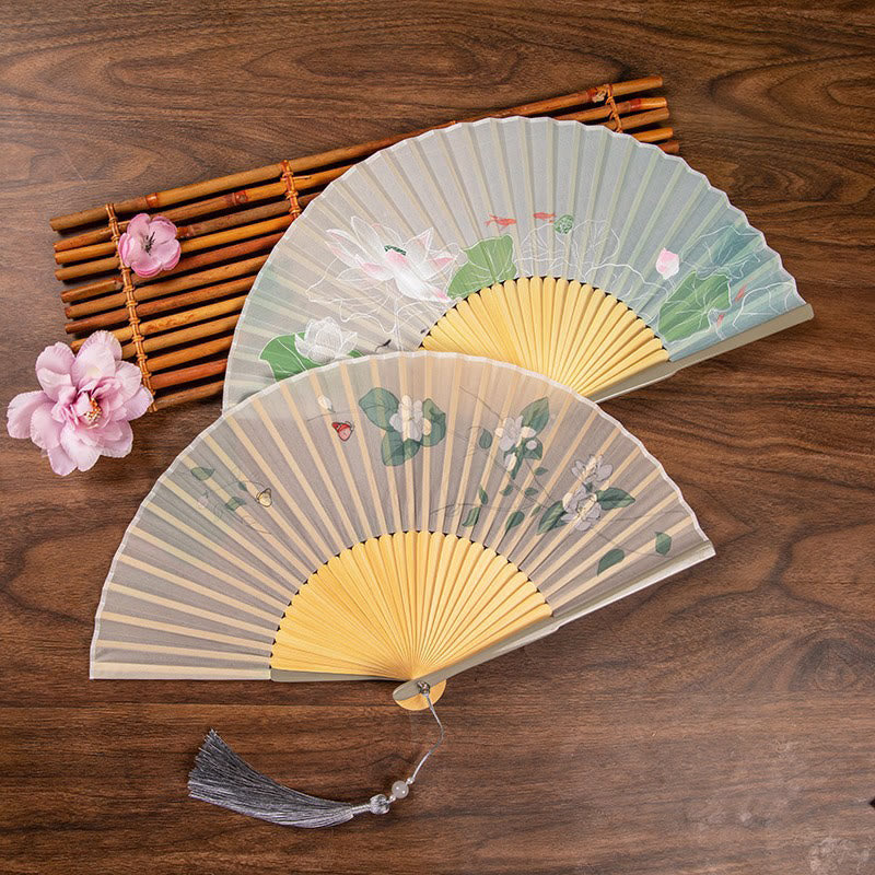 Buddha Stones Jasmine Lotus Begonia Flowers Handheld Bamboo Folding Fan - image 0