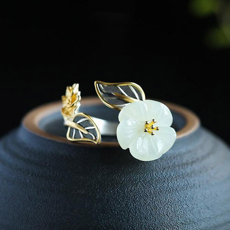 Buddha Stones 925 Silver Plated Copper White Jade Plum Flower Leaf Luck Ring - image 5