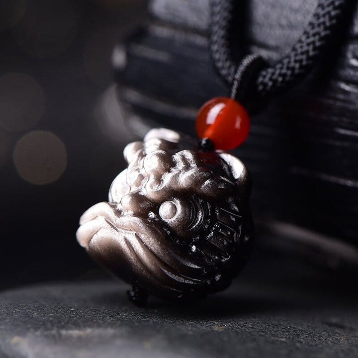 Buddha Stones Natural Silver Sheen Obsidian Dancing Lion Protection Necklace Pendant - image 2
