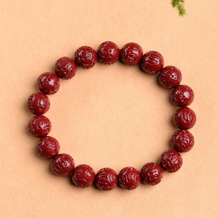 Buddha Stones Natural Cinnabar Om Mani Padme Hum Fret Pattern Lotus Blessing Bracelet - image 3